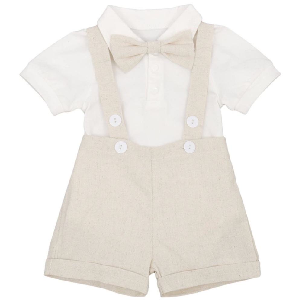 Baby Boy Formal Suit Romper Shorts Suspenders & Bowtie Tan Outfit